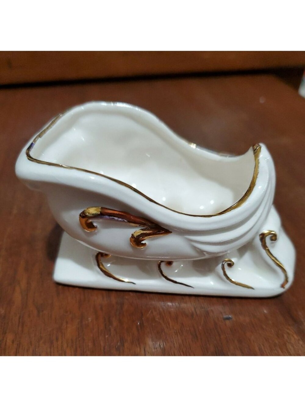 Vintage Ceramic Sleigh Planter Set/3 Miniature Christmas Holiday ivory, gold